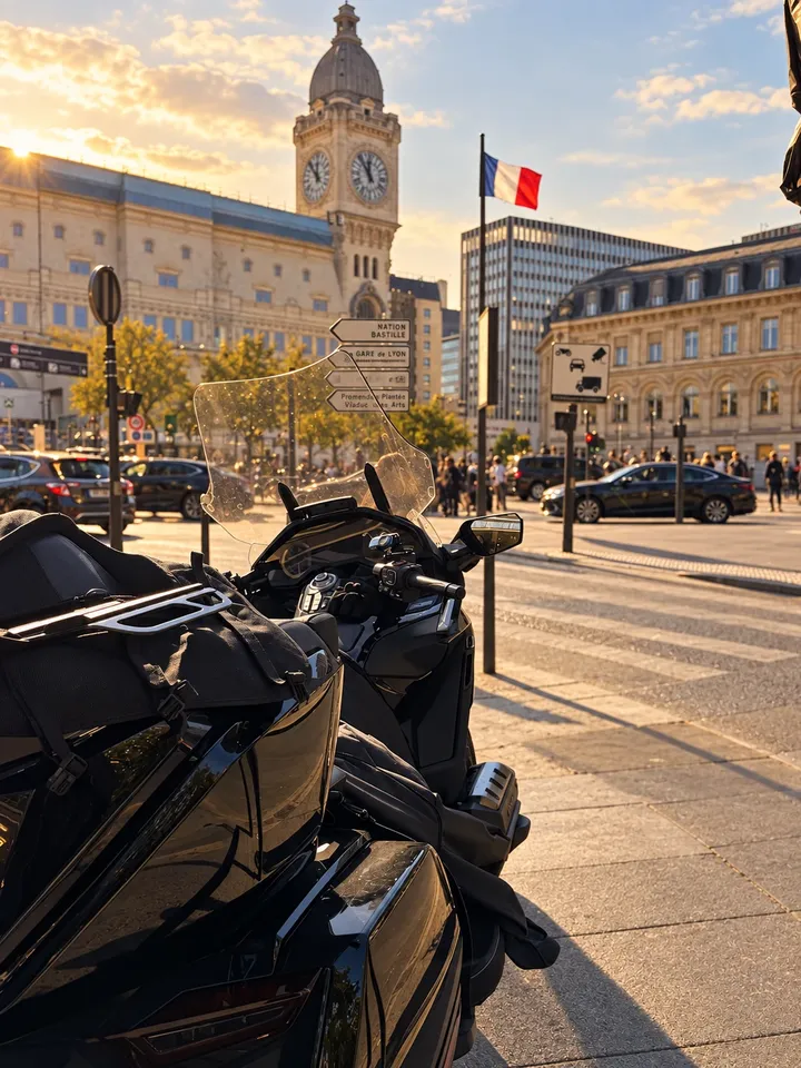 La Gold Wing garée devant la gare de Lyon et sa tour de l'horloge, au soleil couchant
