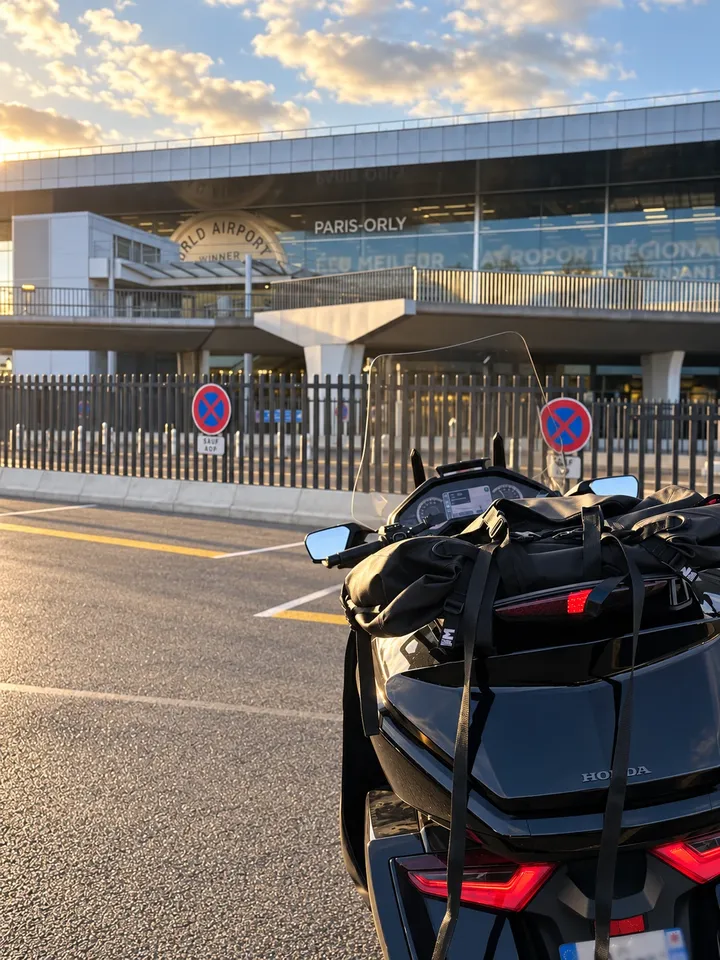 Bagage arrimé sur le top case de la moto, face au terminal Paris-Orly